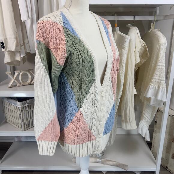 Gallagher hand knitted women's sz small pastel sweater, deep v retro vibe #3047 - Picture 5 of 7